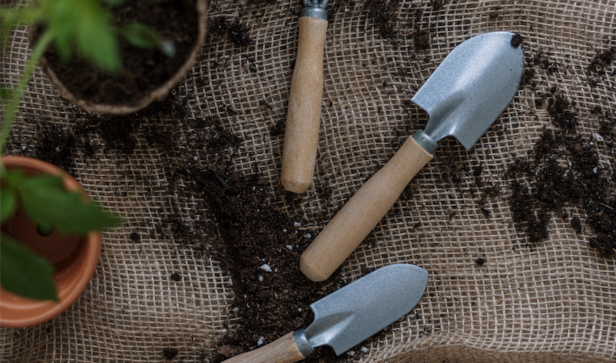 garden tools & plants on burlap