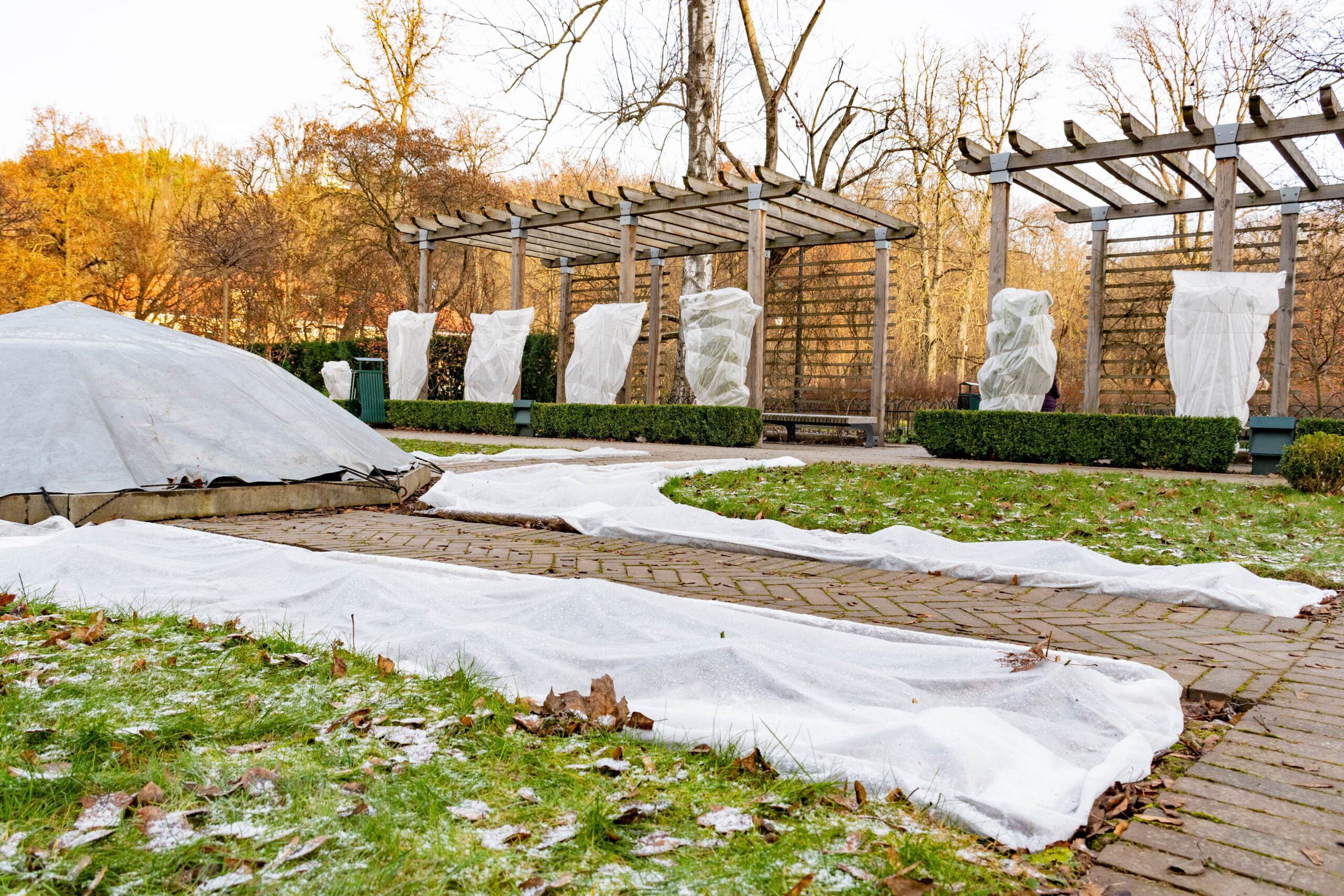 backyard landscape covered up to prep for winter season